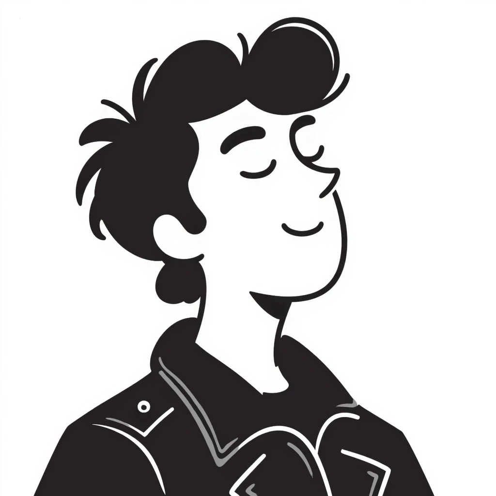 Hand-drawn portrait of a rockstar musician, face and upper body only, confident expression with half-closed eyes looking upward, knowing smirk, contemplative expression showing he's envisioning success emoji