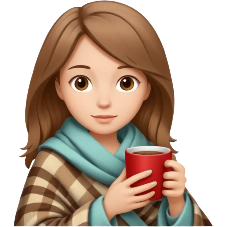 Beige Brown hair Girl drinking coffee, with a cozy blanket and book emoji