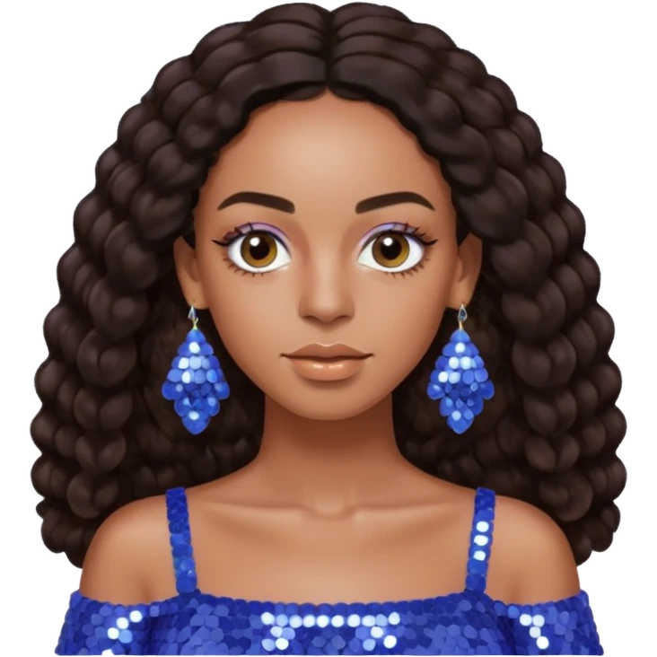 Solange with dark brown long hair, periwinkle sequin crop top, periwinkle earring emoji
