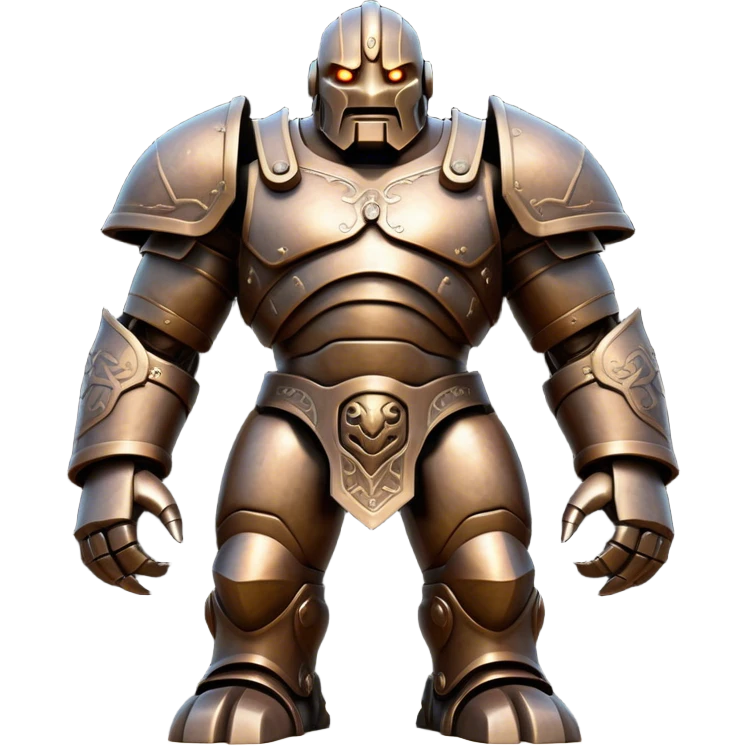 Cinematic Noble Mighty Iron Golem Portrait Emoji Poised and imposing, with a towering, metallic form forged from intricately detailed plates of burnished steel and ancient bronze, etched with faint traces of runes and weathered marks of time. Its piercing, glowing eyes radiate unwavering resolve, casting a solemn and commanding presence; rendered with lifelike texture and natural metallic highlights, high shine, elegant yet indomitable, styled with an aura of legendary endurance, focused and resolute, soft glowing outline, capturing the essence of an eternal guardian, standing vigilant and immovable as if ready to awaken at any moment with unstoppable might! emoji