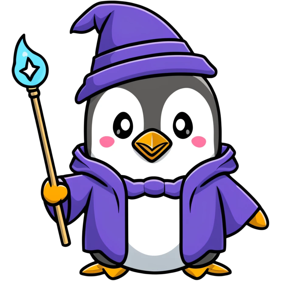 penguin wearing a wizard hat and robe, holding a magic wand emoji