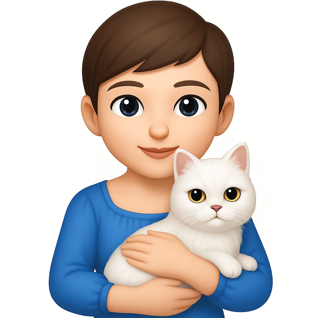Brunette woman snuggling white Persian cat, emoji style, wearing a blue dress, with a pixie cut emoji