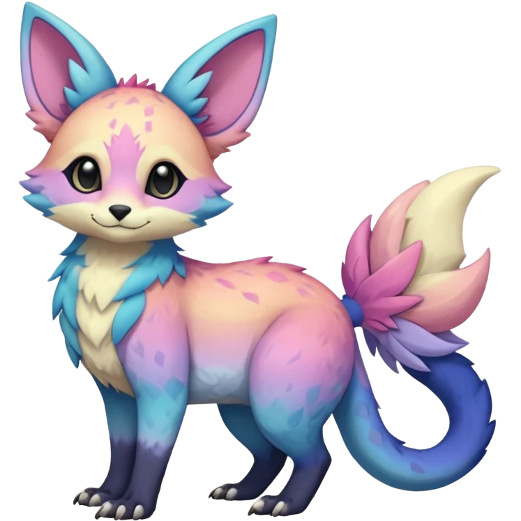 Feral Rare realistic edgy pretty beautiful handsome gorgeous pastel-gradient aesthetic colorful vibrant Vernid-Trico-species-Fakemon-creature by LiLaiRa, random markings, tufted ears, full body emoji
