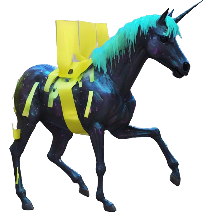 .Zombie_ Vaporwave black holographic oilslick zombie unicorn yellow caution tape graffiti Pegasus  broken skeleton  emoji