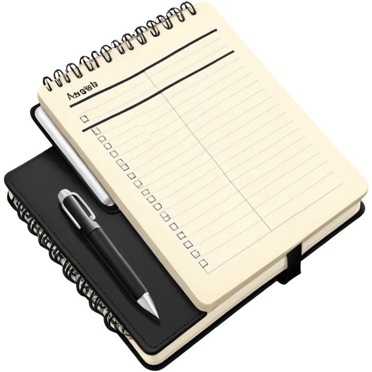 A classic black Moleskine notebook open to show an agenda page with meeting items and bullet points emoji