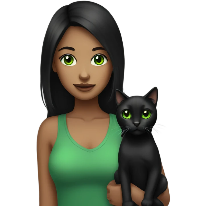 black haired girl with green eyes bring a black green eyed cat emoji