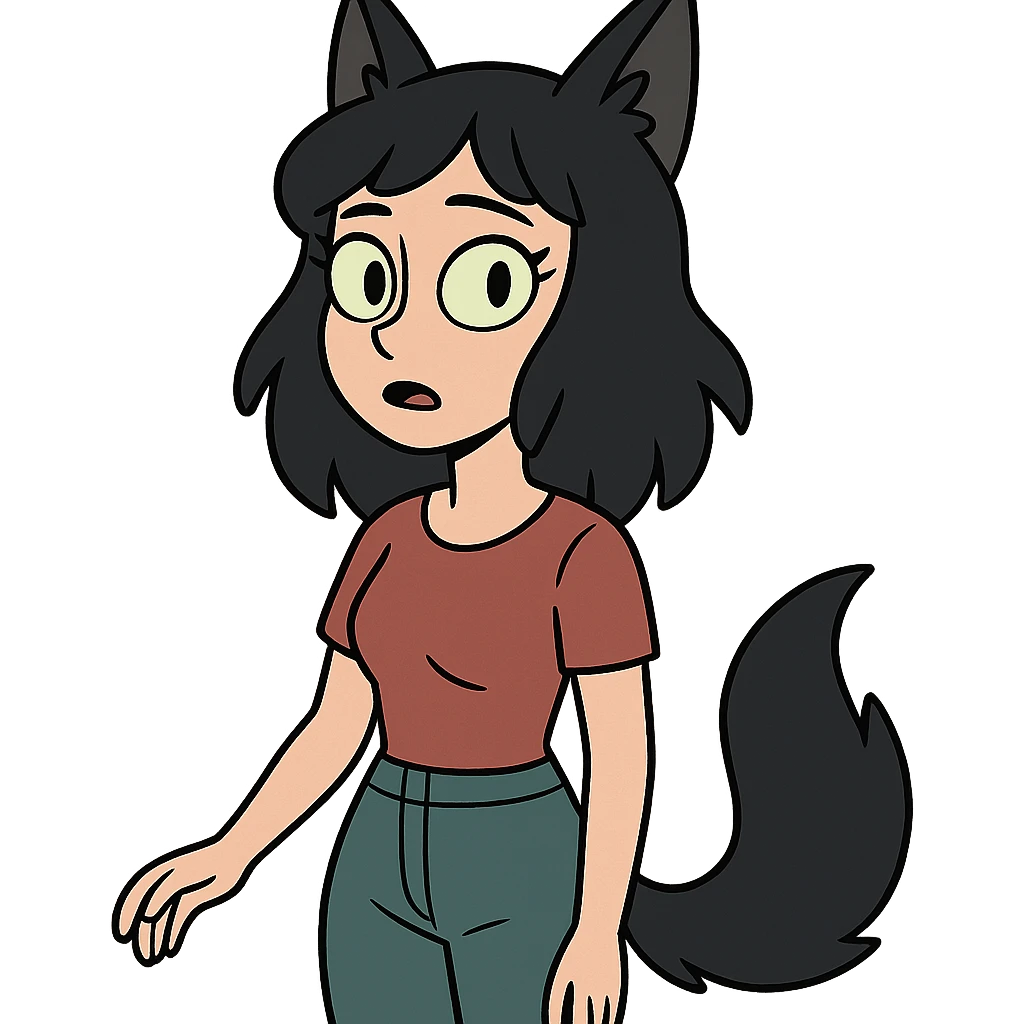 a girl with black fox ears and a tail, green eyes, dark hair emoji