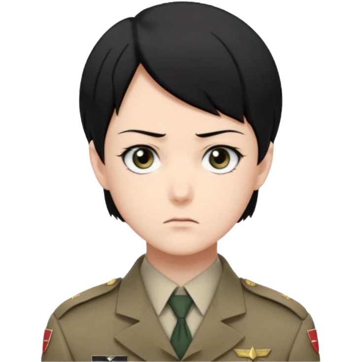 short black neat hair, sharp dark gray eyes, pale skin, serious expression, upright posture, minimal accessories, sharp and precise style. Levi Ackerman  emoji