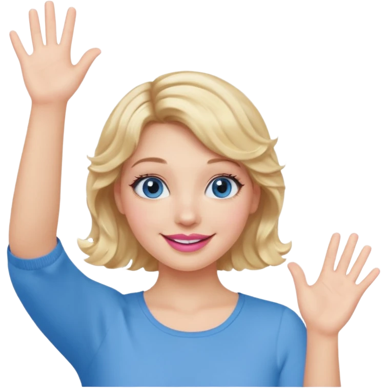 Girl Blonde short wavy hair,  blue eyes, cute blue top, long lashes, pink lips, smiling, one hand in the air emoji