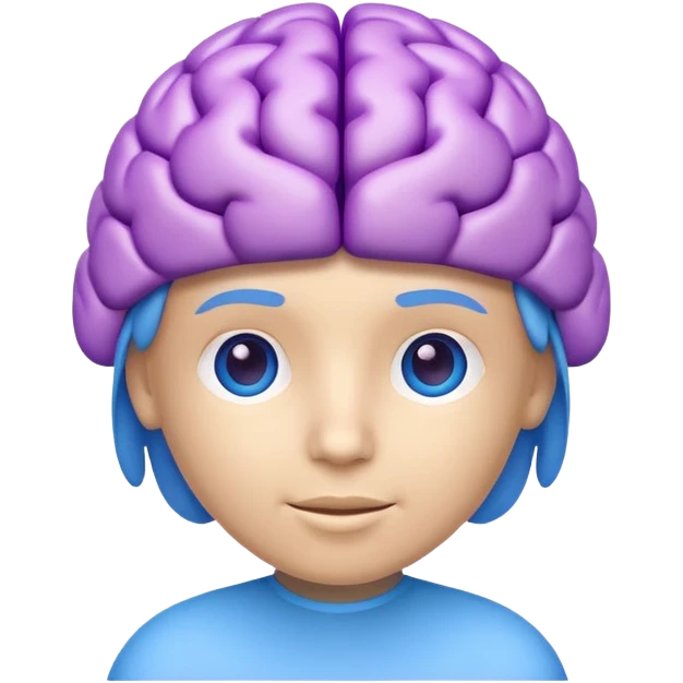 Modern 3D AI emoji, digital brain with subtle tech icons, neutral intelligent expression, blue and purple colors, clean educational style, soft lighting, transparent background. emoji