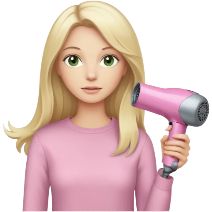 blonde woman with long hair, pale green eyes, beige sweater, holding a pink Dyson hair dryer, iOS emoji style emoji
