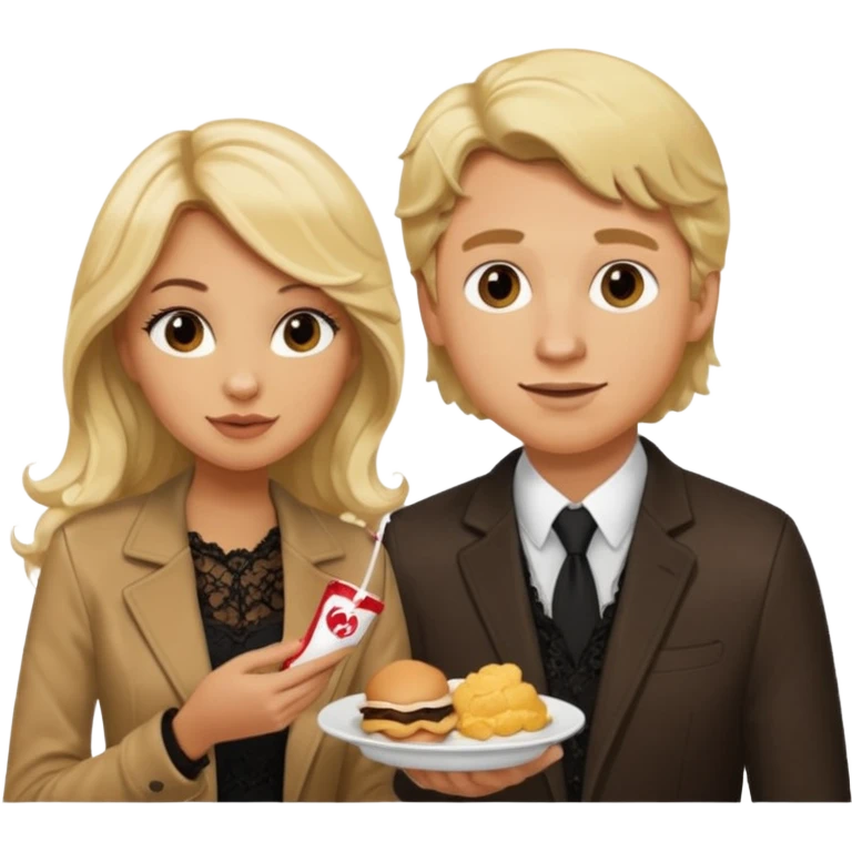 Love tan woman long wavy blonde hair and black lace  with blonde man Brown shade jacket eating chick filet  emoji