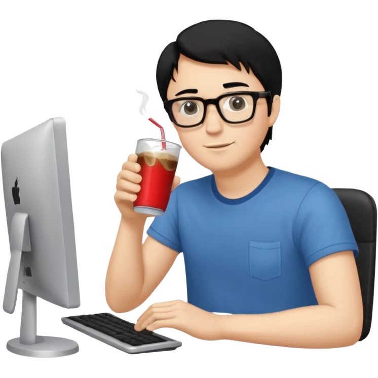 Hombre blanco con gafas, pelo negro tomando un refresco frente a un ordenador con ropa de sport, se ve en la pantalla del ordenador una mujer rubia tomando café emoji
