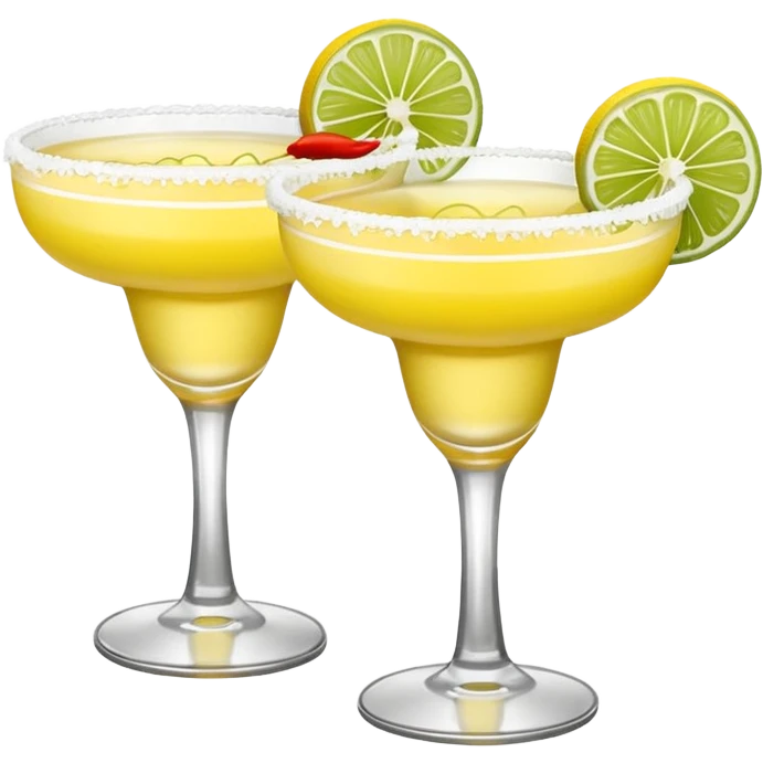 2 margarita cocktails. one is the classic margarita: yellowy with salt on the rim and a lemon. the other one is a spicy margarita: slightly more red color with a small red chili pepper instead of a lemon on the rim  emoji