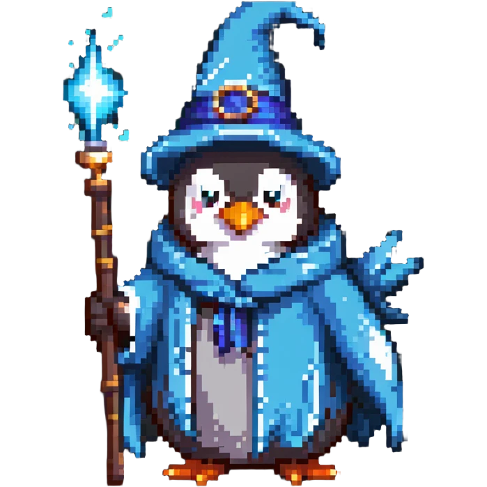 penguin wearing a wizard hat and robe, holding a magic wand emoji