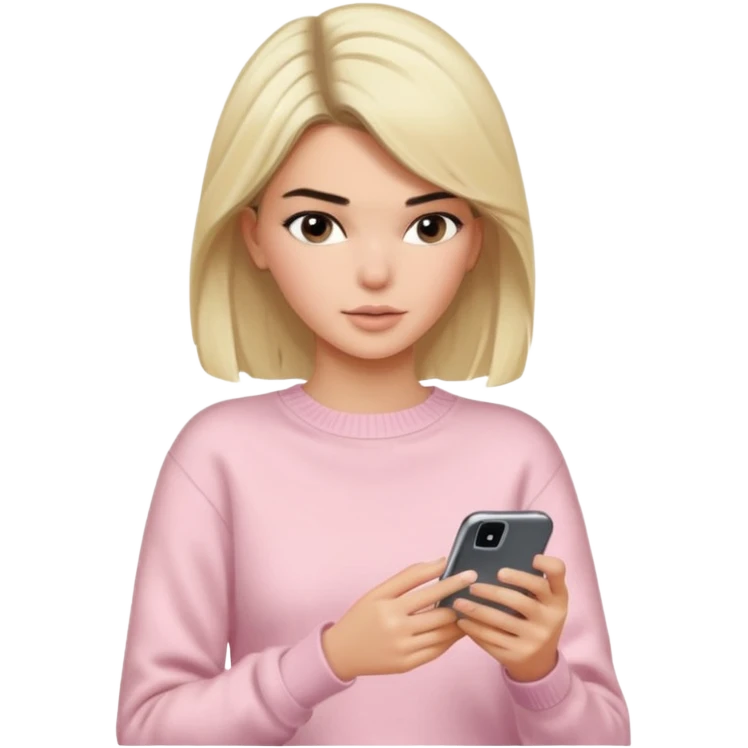 Blonde Kendall Jenner with a light pink sweater typing in an iphone emoji