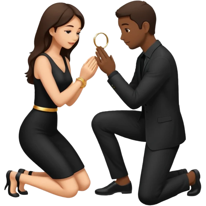 Silhouette of a man kneeling on one knee and offering a ring to a woman receiving it emoji