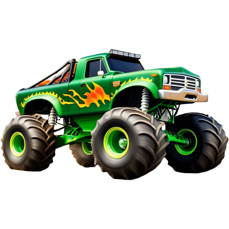 Grave Digger - Monster Jam (Model Year: 2022) (Iconic colour: Green with flames) - A legendary monster truck with a fearsome design: predominantly deep green with dynamic, vibrant flame graphics in bright orange and yellow. Highlight its rough, edgy bodywork and an aura of untamed rebellion. emoji
