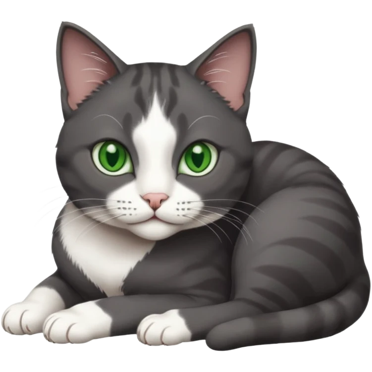 beautiful female solid dark grey cat with green eyes, white toes/paws and white patch on her chest lying down emoji