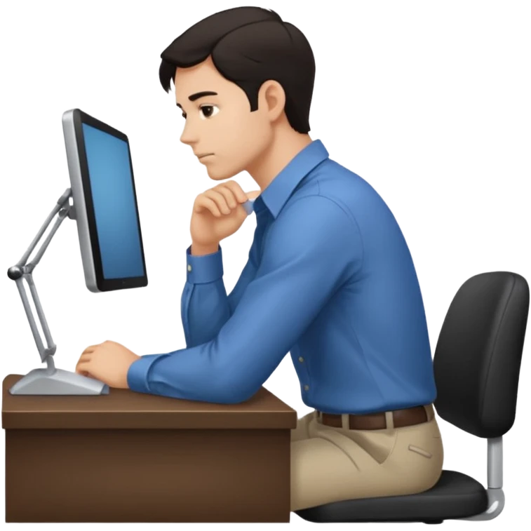  iOS emoji style - Side profile of a man with dark hair and wearing a collared-shirt. He sits with hunched posture at a desk. emoji