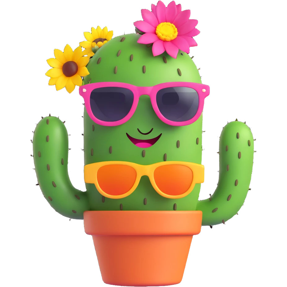 cheerful cactus with sunglasses with flower on head emoji