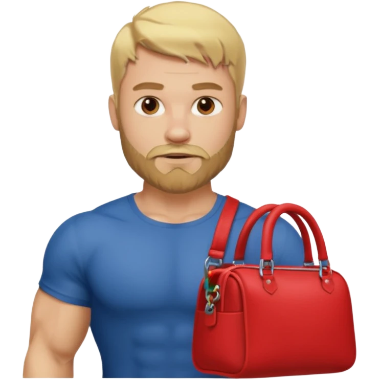 a muscular man wtih a blond short hair and beard doing number 2 in a red bag emoji