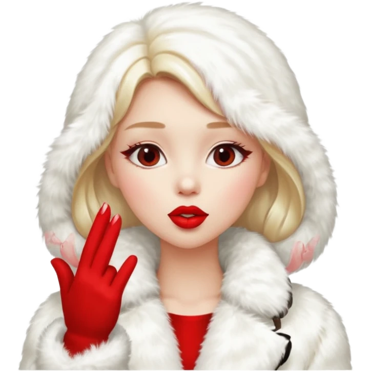 A beautiful, cute girl with red lipstick on her lips in a white fur coat,  in full view, blowing a kiss. emoji