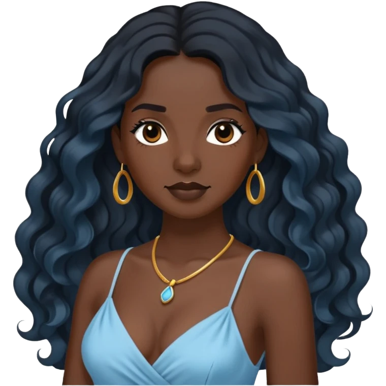 Black sling lady with black long wavy hair with a light blue dress emoji