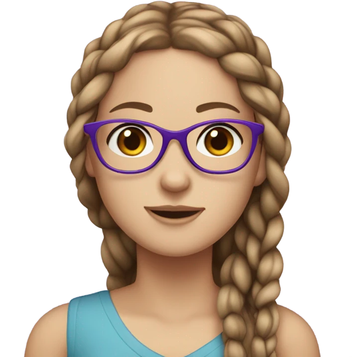white girl with long brown hair in braids with purple glasses and blue eyes emoji
