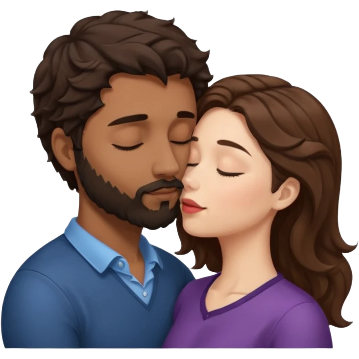 White woman (brown hair with eyes closed) kissing the top of the head (forehead) of brown man with black wavy hair (has a a beard with his eyes closed too). Woman has her lips to the forehead of the man. emoji