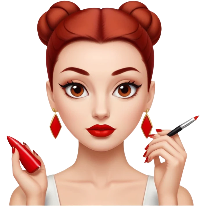 Auburn white girl with red lips. Slicked-back bun, winged liner sharp enough to cut, red nails, and a tiny top emoji