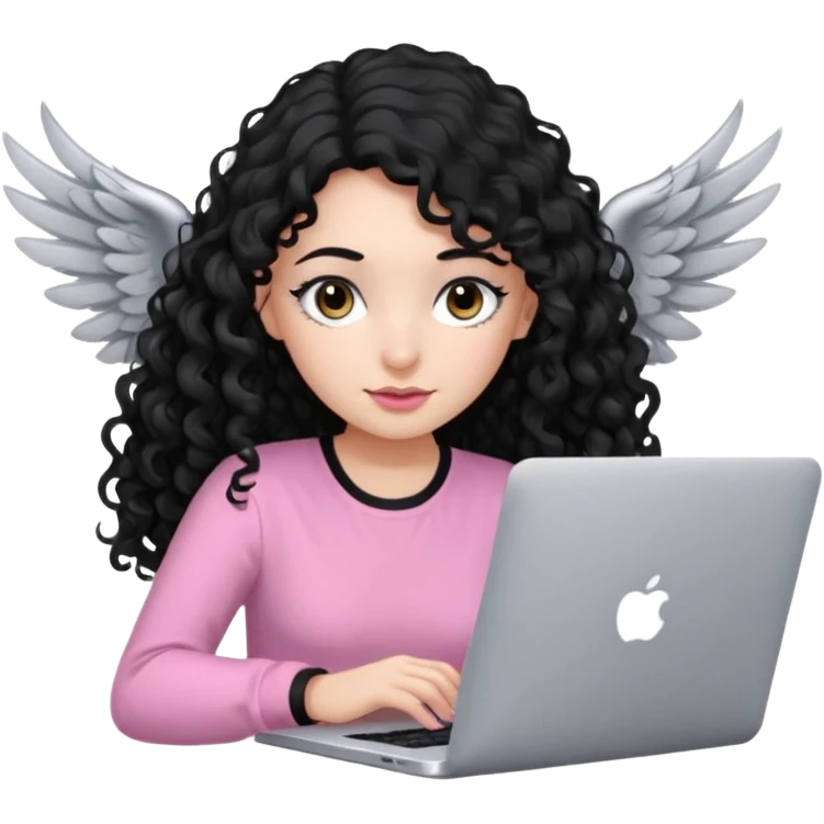 a girl typing mac book with long black curly hair and brown eyes with winged black eyeliner, pink shirt emoji