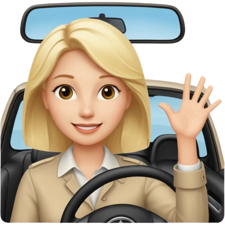 blonde woman driving car. one hand up Happy face confidence emoji