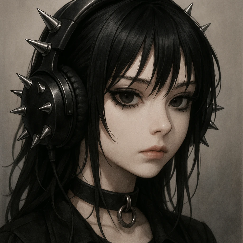 goth headphones, black with silver spikes, realistic anime style emoji