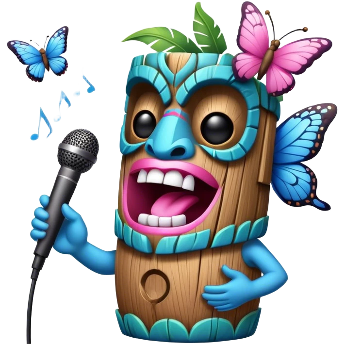 Cartoon Blue and pink tiki singing with butterfly and in the mikrophone emoji