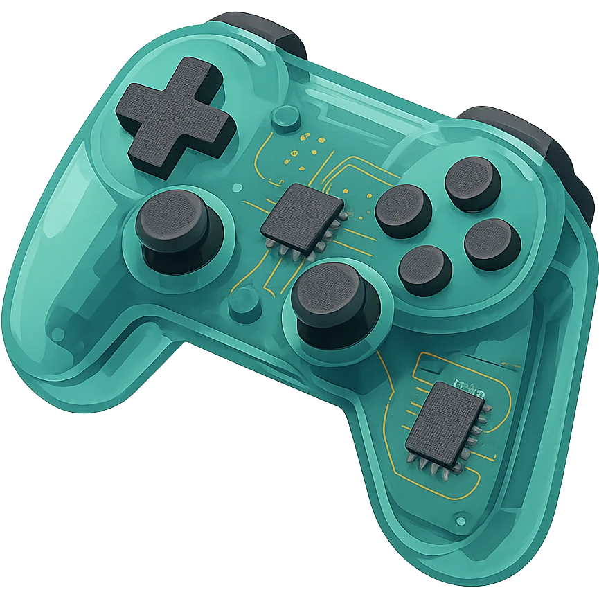 A gaming controller with transparent shell showing internal circuitry, buttons, and electronic components emoji
