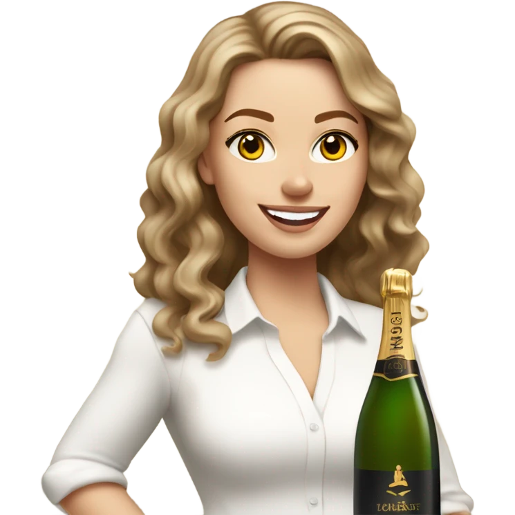 white girl with tan, carmen brown wavy hair, wearing a white v cut shirt holding a class of champagne. emoji