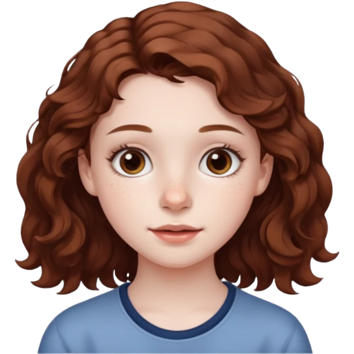 15 year old girl with pale skin, dark freckles, rosy cheeks, and wavy brown hair. emoji