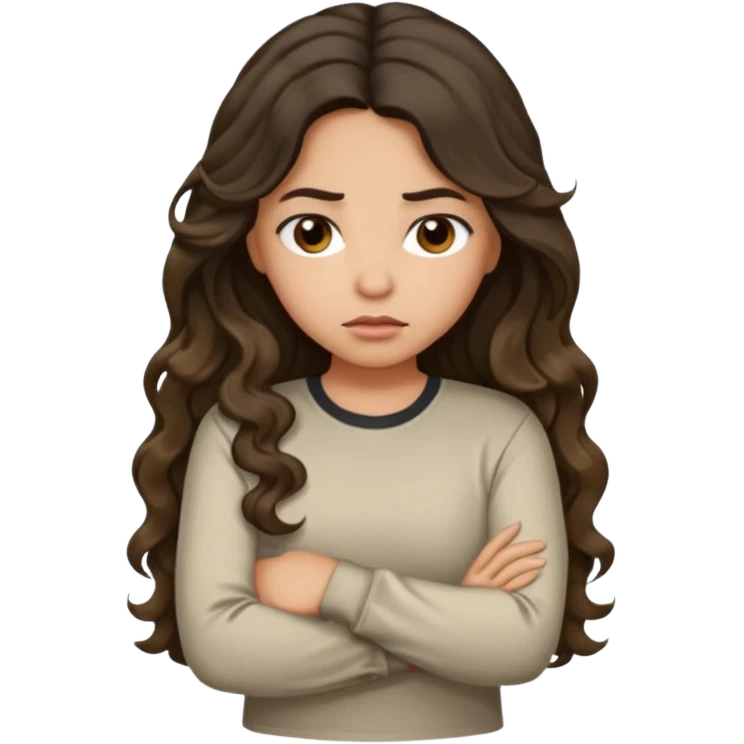 Hispanic light tan girl with long dark wavy hair pouting and arms folded. Wearing a long sleeve. Hair with middle part. emoji