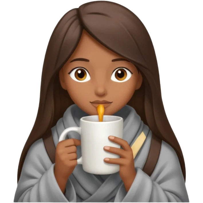 A girl with brown eyes, an ios emoji, long straight hair, wrapped in a gray blanket, and drinking from a New Year's mug emoji
