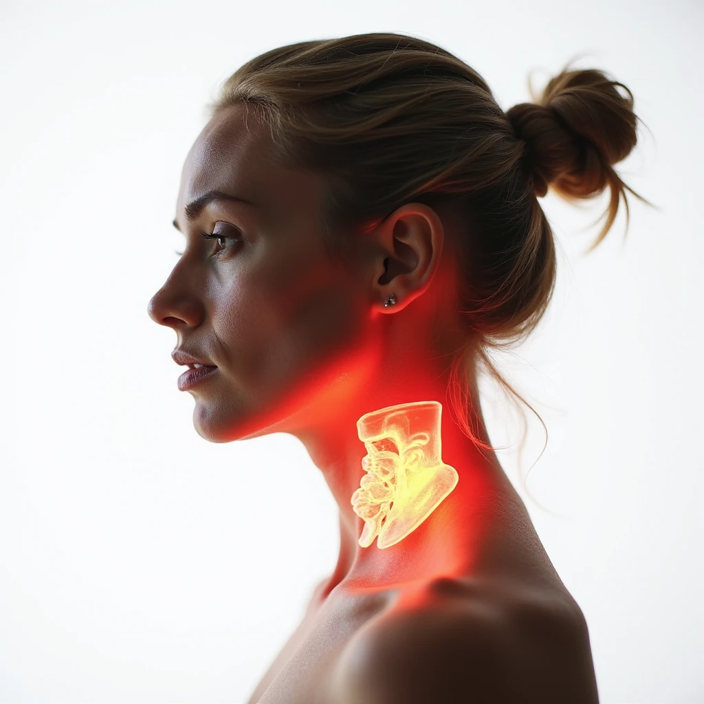 woman profile view, thyroid highlighted in red on the neck, fatigued expression, anatomical focus on thyroid, hyperrealism, 4K, white background emoji