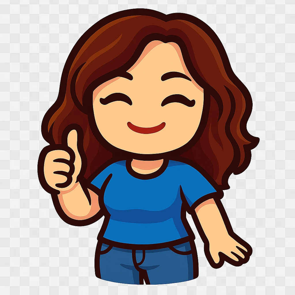 chibi emote of the woman from the reference images, wearing a blue t-shirt and jeans, giving thumbs up, no headband, no wand, transparent background emoji