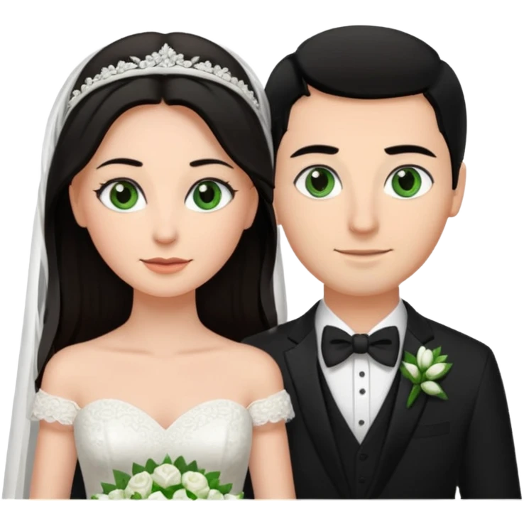 Tall brunette green eyes groom, bride black hair, brown eyes. Bride has brown eyes  emoji