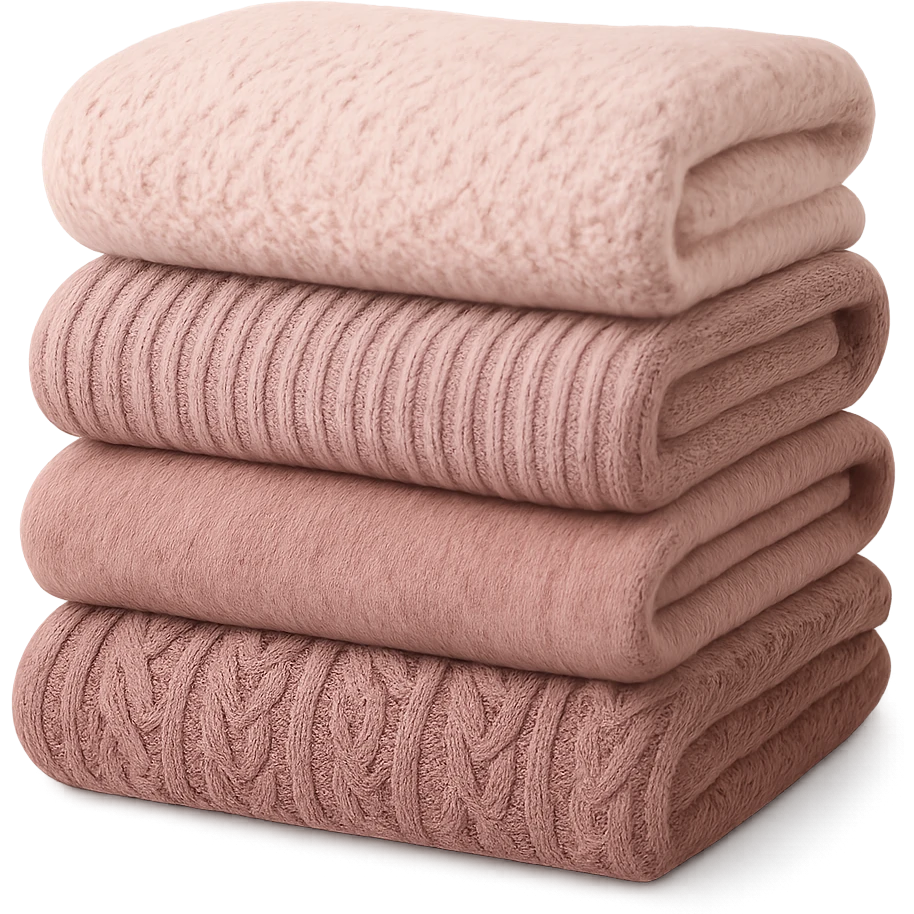 pink cozy stack of folded blankets, soft and inviting emoji