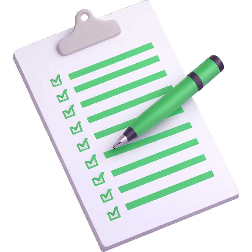3D style isometric to-do list with green check marks for every item, pen on the side, clean and modern look emoji