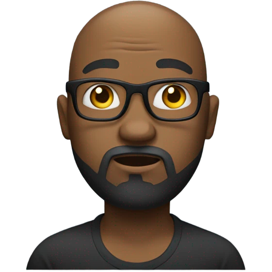 black man with a bald head, glasses, a beard, and a goatee shrugging his shoulders. emoji