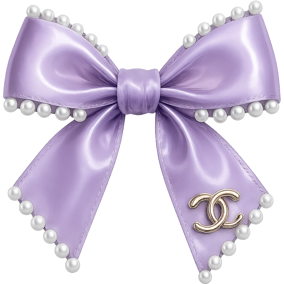 Remove the background, keep only the elegant bow with pearls and gold Chanel logo, glossy, pastel colors, realistic style, with no background. purple emoji