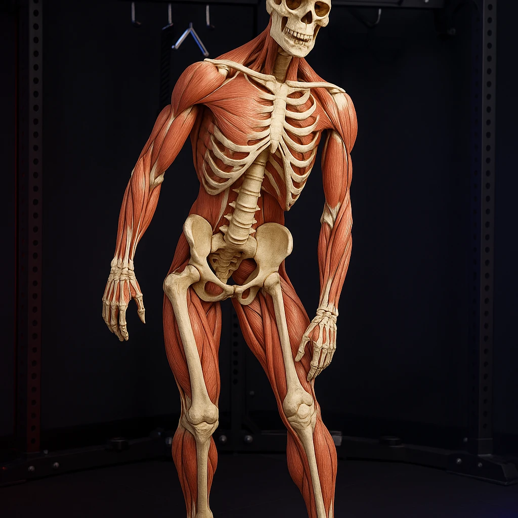 Hyperrealistic anatomical view of the same pose: tilted pelvis, valgus knee, pronated foot, with detailed visible bones and muscles, gym environment, 4K quality. Variant 2: more marked valgus knee. emoji