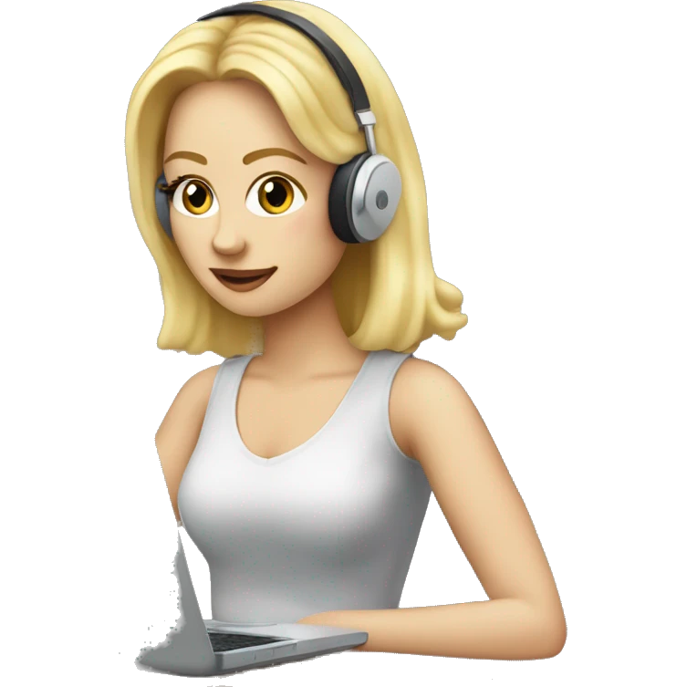 Emoji of a blonde white girl on her laptop with earphones in with a coffee emoji
