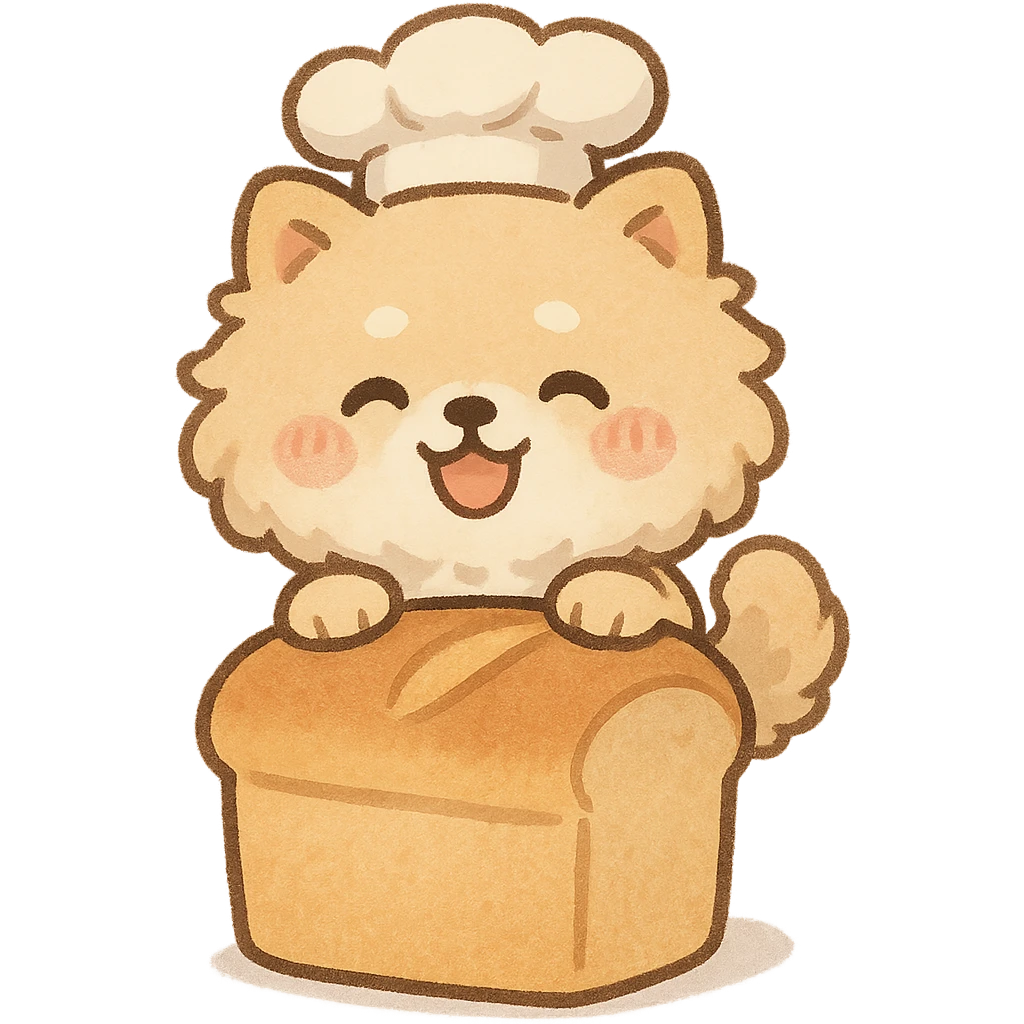 chibi style soft fluffy dog as a bread maker, peeking from a bread loaf, cheerful, warm beige, full-body emoji